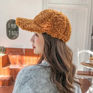 Damen Winter Warm Lammfell-Imitat Baseballkappe Einfarbig Lässig Koreanischer Stil Hut