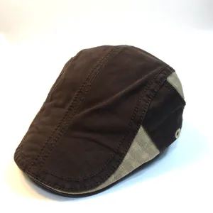 Brown contrast panel ivy flat cap detail view, casual outdoor cotton beret for men and women.