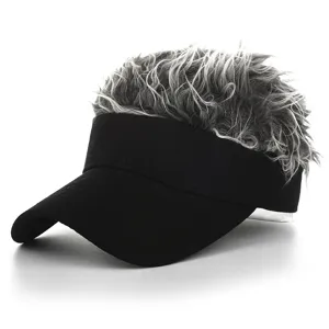 Detail shot of the novelty hair visor cap, showcasing the realistic spiked grey hair and black brim.
