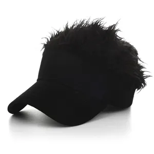 Black novelty hair visor cap detail view, showing the funny spiked wig design and curved brim.