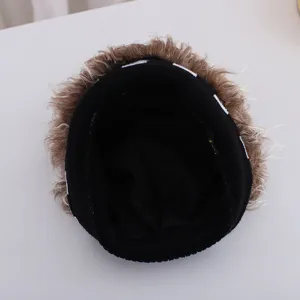 Bonnet perruque pour enfants avec bord à carreaux et cheveux bruns moelleux, style hip-hop.