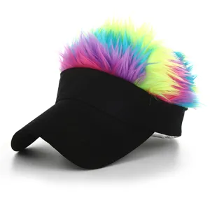 Novelty rainbow hair visor cap, funny fake hair baseball hat, sun protection streetwear.