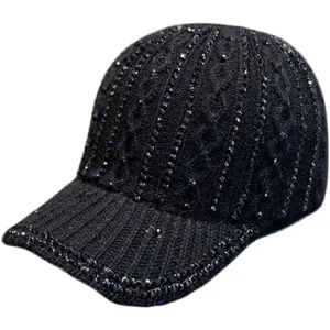 Casquette de baseball en tricot strass noir pour femmes automne hiver mode chapeau chaud