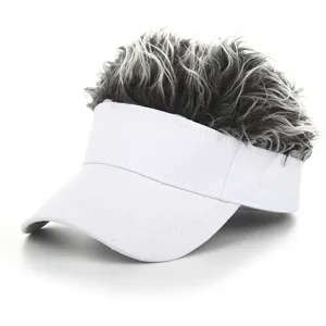 Detail view of funny novelty wig sun visor hat with fluffy grey hair and white empty top.