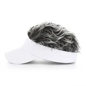 Funny novelty visor cap with faux hair spikes, white sun hat with wig design for men and women