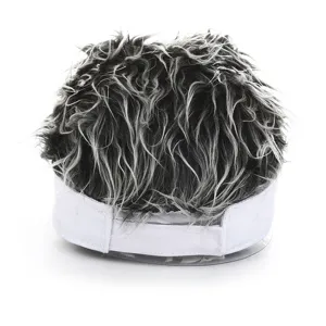 Detail view of novelty flare hair visor baseball cap with spiky grey synthetic hair.