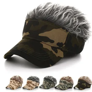 Close-up detail of novelty camouflage visor hat with attached grey hair style unique design.