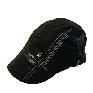 Black cotton flat cap newsboy hat with skull and embroidered letters for outdoor wear