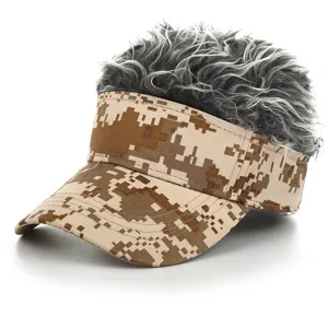 Camo visor cap with fake hair novelty funny hat outdoor sun protection headwear casual.