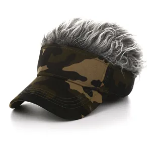 Camouflage sun visor hat with grey faux hair top, novelty funny outdoor wig cap detail shot.