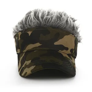 Camouflage visor hat with grey hair wig attached, novelty funny cap for outdoor sun protection.