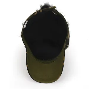 Camouflage baseball cap with attached fake hair, novelty funny wig hat detail view.