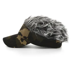 Camo visor cap with fake grey hair funny sun hat novelty outdoor streetwear cap style