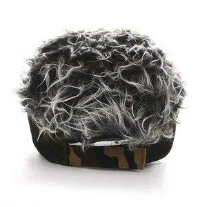 Novelty spiky hair baseball cap with camo strap, funny wig hat for outdoor street fashion.