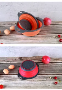 Collapsible silicone colander set, round folding fruit draining basket for kitchen use.