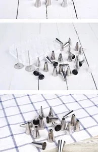 Stainless steel piping nozzles set with storage box and nails for baking decorating.