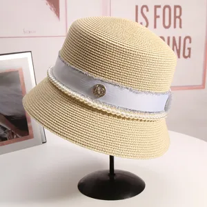 Cappello da sole cloche in paglia di perle da donna estivo elegante con nastro logo M spiaggia