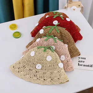 Handgefertigter Strohhut für Kinder, süßer Sonnenhut mit Blumenmuster, Sommer Strandkappe.