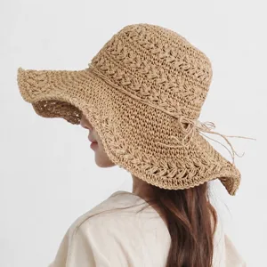 Women Wide Brim Straw Hat Foldable Beach Sun Hat Casual Korean Style Summer Vacation Travel Sun Protection Cap
