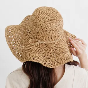 Women woven straw sun hat, wide brim beach hat with bow, foldable summer sun protection.