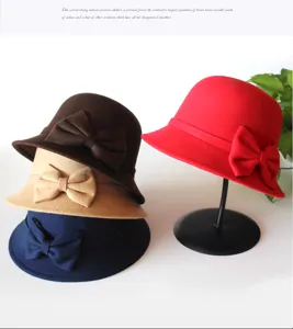 Women wool felt dome hat with elegant side bow, vintage basin cap for spring autumn fashion style.