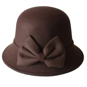 Brown wool felt bucket hat for women with elegant bow vintage bowler cloche hat main view