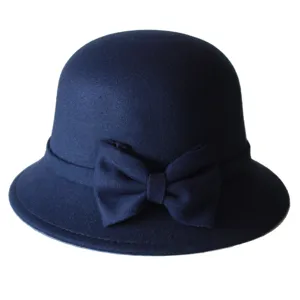 Classic navy blue wool felt cloche hat for women, elegant bow bucket hat for autumn winter.