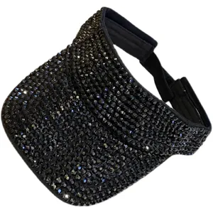Cappello visiera nero strass vuoto, copricapo sole estate moda cristallo brillante.