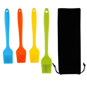 4-piece silicone basting brush set with storage bag for kitchen baking and BBQ cooking.