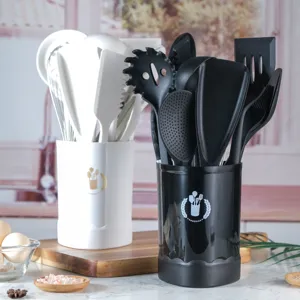 Ustensiles de Cuisine en Silicone Outils de Cuisson Avec Poignée en Bois Résistant à la Chaleur Spatule Cuillère Fouet Seau de Rangement