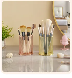Metal makeup brush holder cylindrical wire cosmetic storage organizer desk cup container