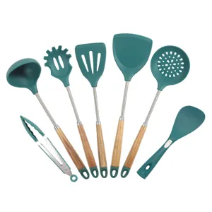 Set de utensilios de cocina de silicona antiadherente espátula mango de madera 7pcs