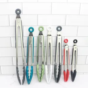 Stainless steel silicone kitchen food tongs, colorful BBQ grilling tongs for cooking and baking.