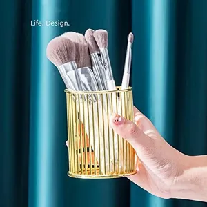 Gold metal wire pen holder and makeup brush organizer for desktop office storage basket.
