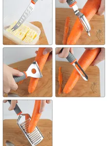 Stainless steel kitchen gadget detail view, showing cheese knife and peeler usage in action.