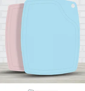 Mini plastic cutting board detail view, dual color chopping boards with hanging hole.