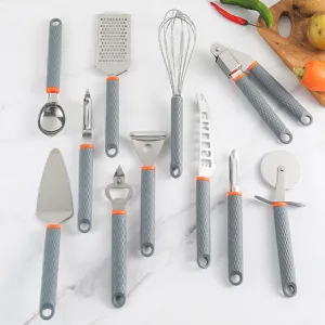 Stainless steel kitchen gadget set 12-piece cooking tools with ergonomic non-slip handles.
