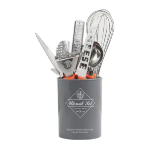 Stainless steel kitchen utensil set with storage container, cheese knife, whisk, and grater tools.