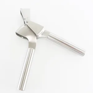 Close-up detail shot of stainless steel garlic press kitchen tool metal handle garlic masher tool