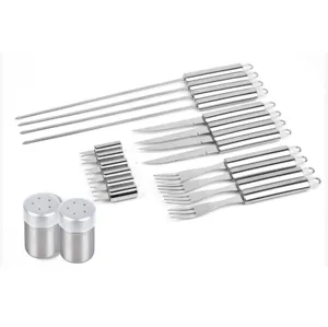 Stainless steel barbecue tool detail showing skewers, knives, forks and shakers.