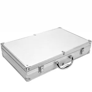 Silver aluminum storage carrying case with metal reinforced corners and secure locks.