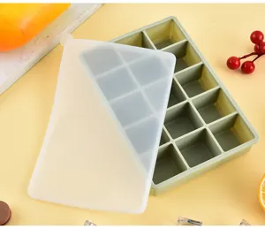 Silicone ice cube tray with removable lid, flexible mold for home kitchen freezer use.