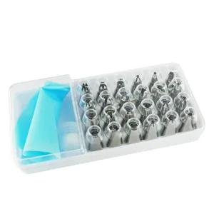 24-teiliges Spritzbeutel-Set aus Edelstahl mit Silikonbeutel und Box zum Backen und Dekorieren.