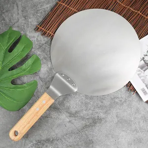 Edelstahl Pizzaschaufel Runde Metall Backschaufel Großer Kuchenheber mit Holzgriff für Küche Kochen