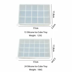Silicone ice cube tray size specification chart showing 15-grid and 24-grid models with dimensions.