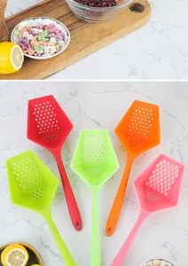 Colorful silicone kitchen colander strainer spoon set for draining food, heat-resistant tool.