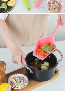 Silicone kitchen colander spoon detail, heat-resistant strainer for draining food easily.