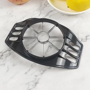 Stainless steel apple slicer and fruit corer with durable black plastic handles for easy use.