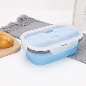 Opvouwbare siliconen bento lunchbox met deksel en bestek voor school en op kantoor.