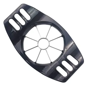 Stainless steel apple slicer with black plastic handles, ideal for quick fruit cutting.